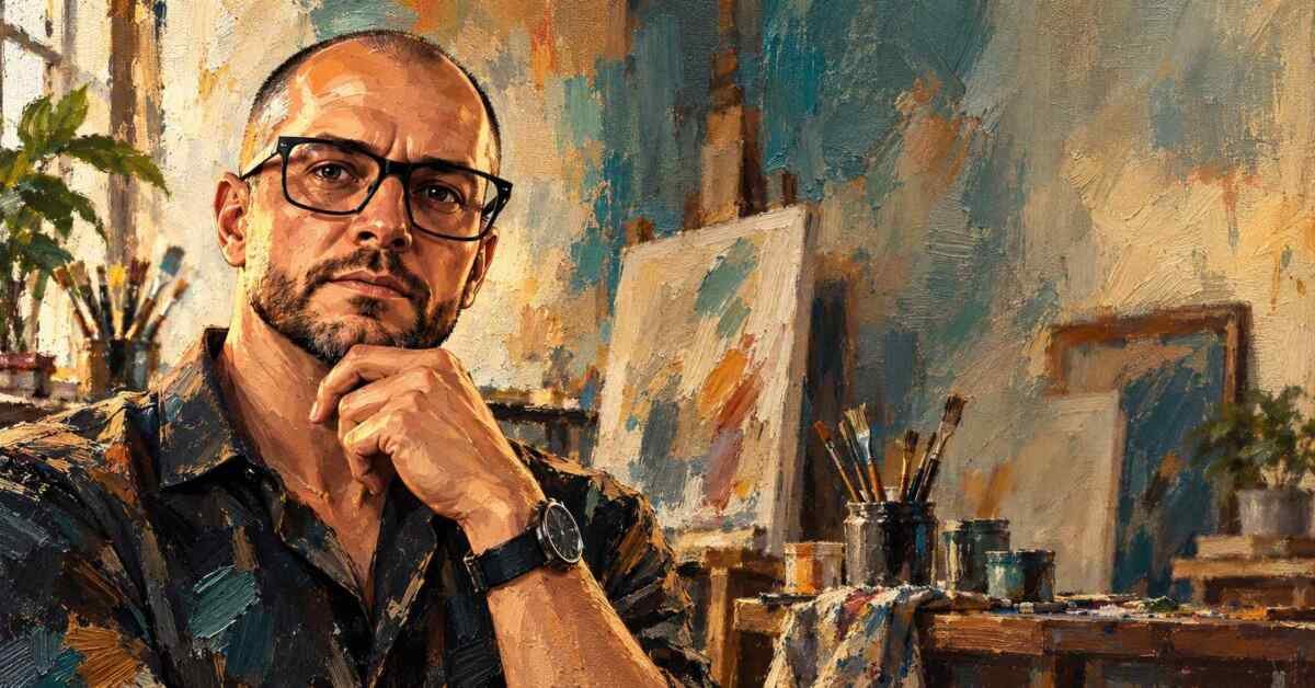 Retrato masculino transformado em pintura sobre tela com pinceladas e textura usando inteligência artificial