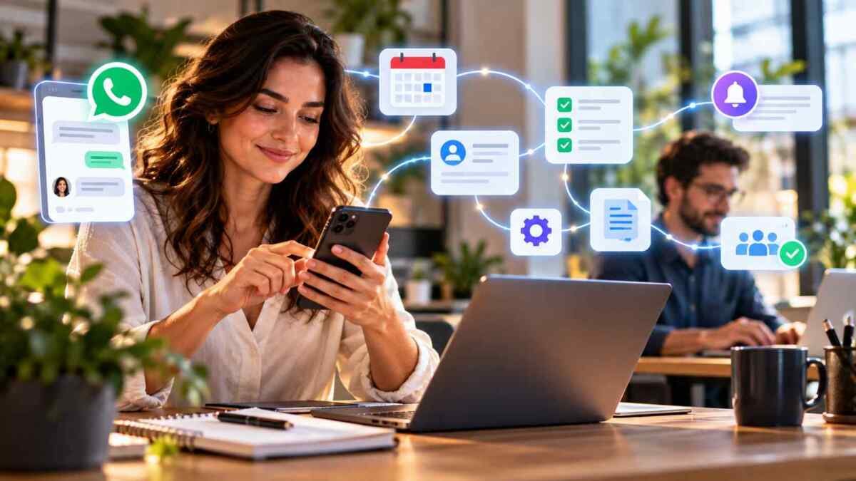 Profissional usando automação com inteligência artificial para conectar atendimento no WhatsApp, agenda, tarefas e dados da empresa