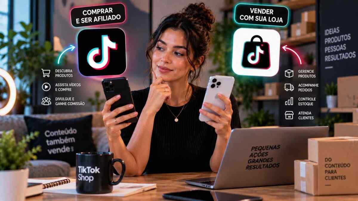 Pessoa escolhendo entre o aplicativo TikTok e a Central Vendedor TikTok Shop no celular