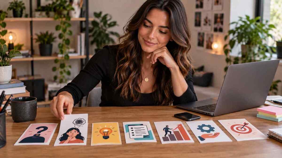 Criadora planejando um carrossel educativo e visual para redes sociais com ajuda da inteligência artificial