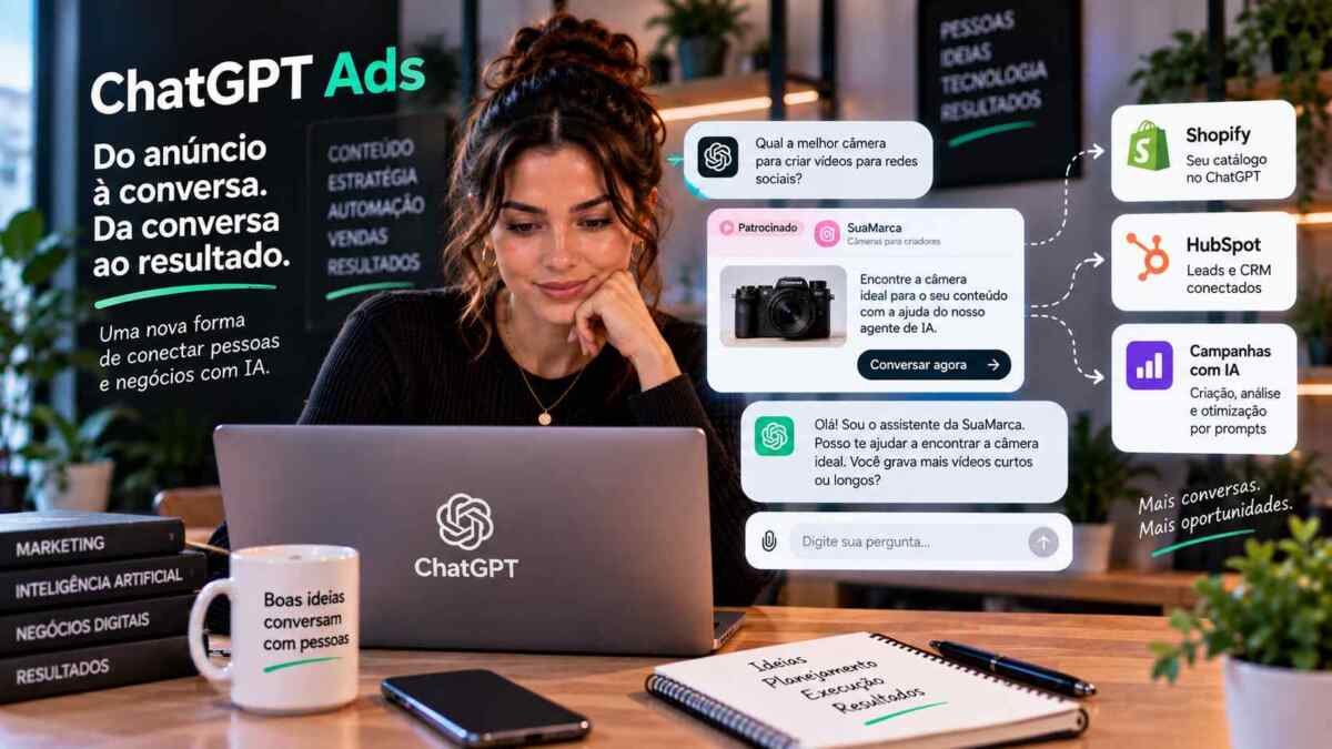 Consumidora conversando com um agente patrocinado de uma empresa no ChatGPT enquanto produtos e ferramentas de vendas aparecem no fluxo
