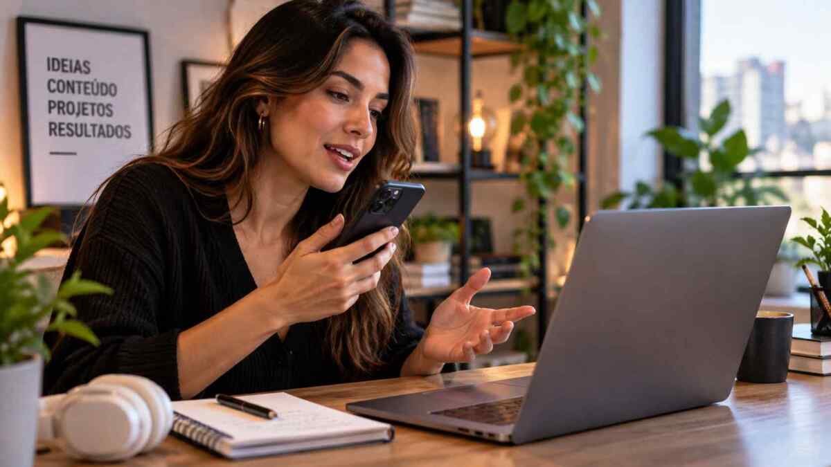 Pessoa conversando por voz com inteligência artificial enquanto trabalha no computador