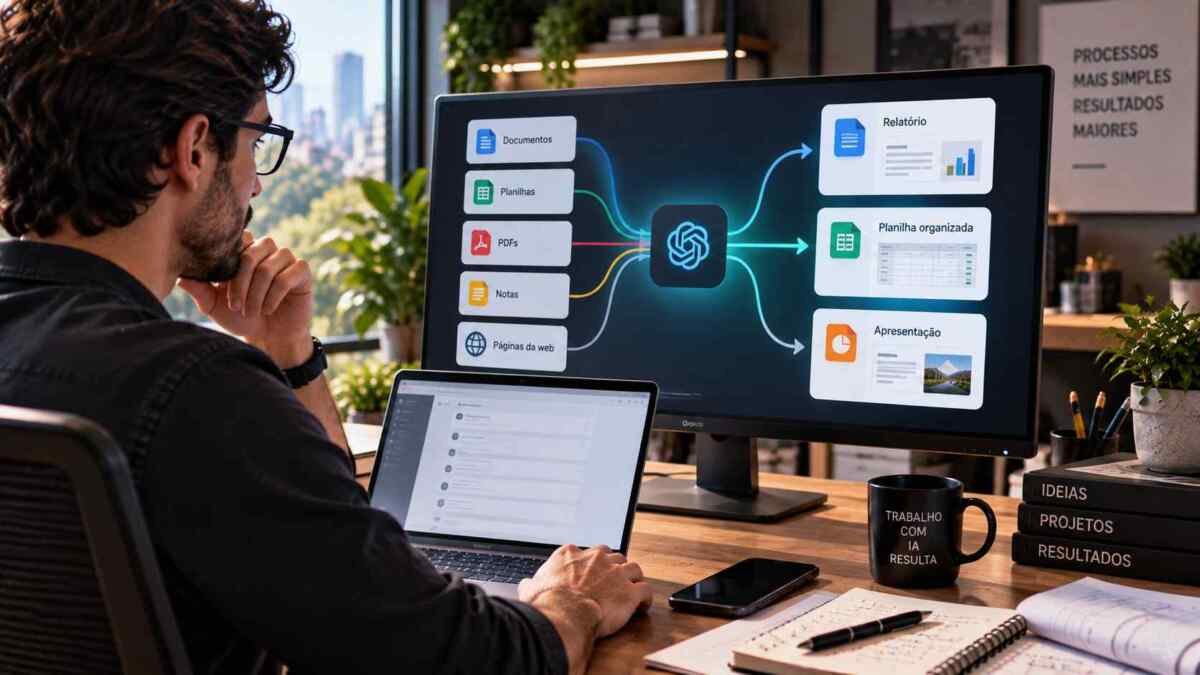 Profissional usando inteligência artificial para transformar arquivos e informações em documentos e apresentações