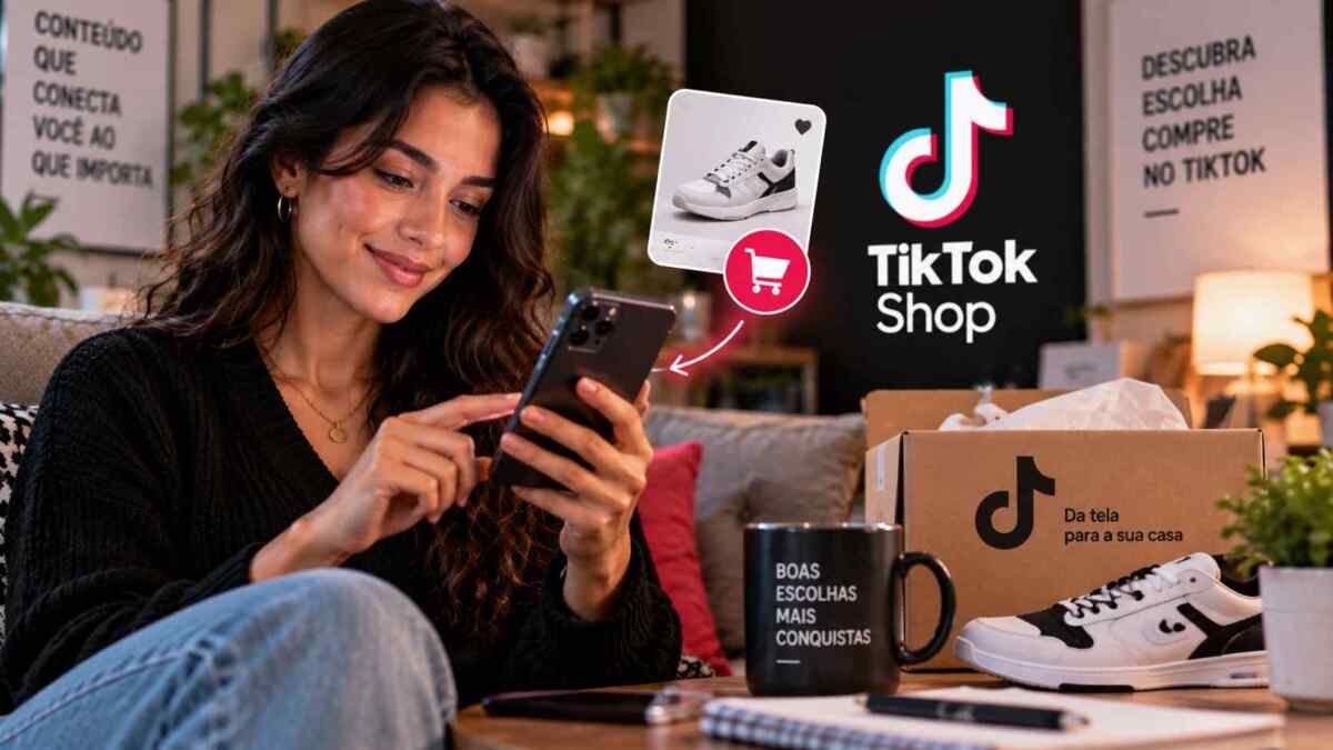 Pessoa escolhendo um produto e finalizando uma compra pelo TikTok Shop no celular