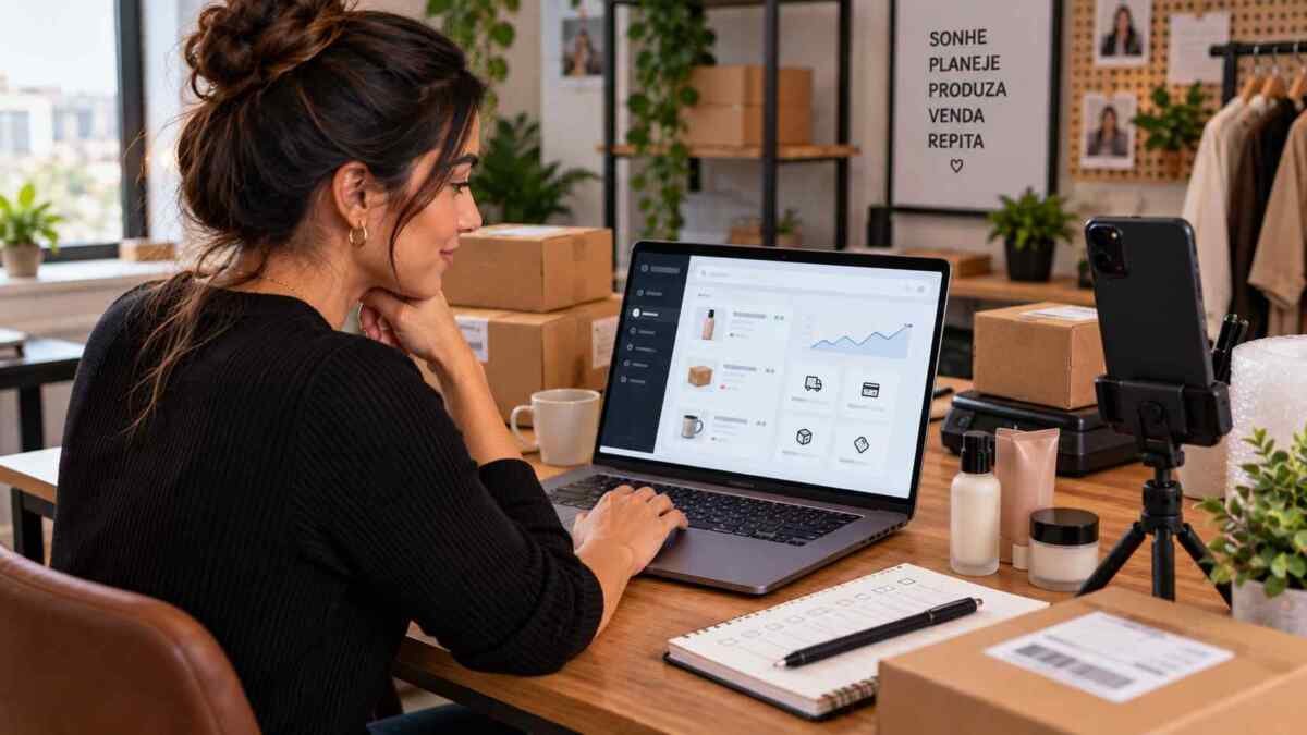 Empreendedora configurando produtos, envio e loja no Seller Center da TikTok Shop