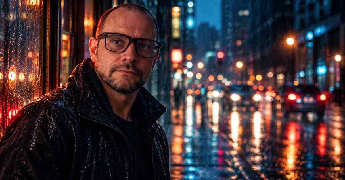 Pessoa em uma rua chuvosa à noite com luzes urbanas e estética cinematográfica criada com inteligência artificial.
