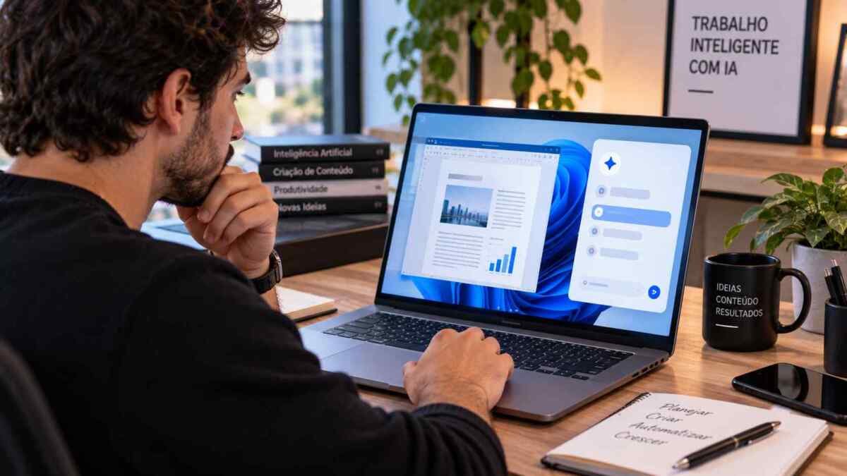Profissional usando inteligência artificial sobre o trabalho aberto em um computador com Windows