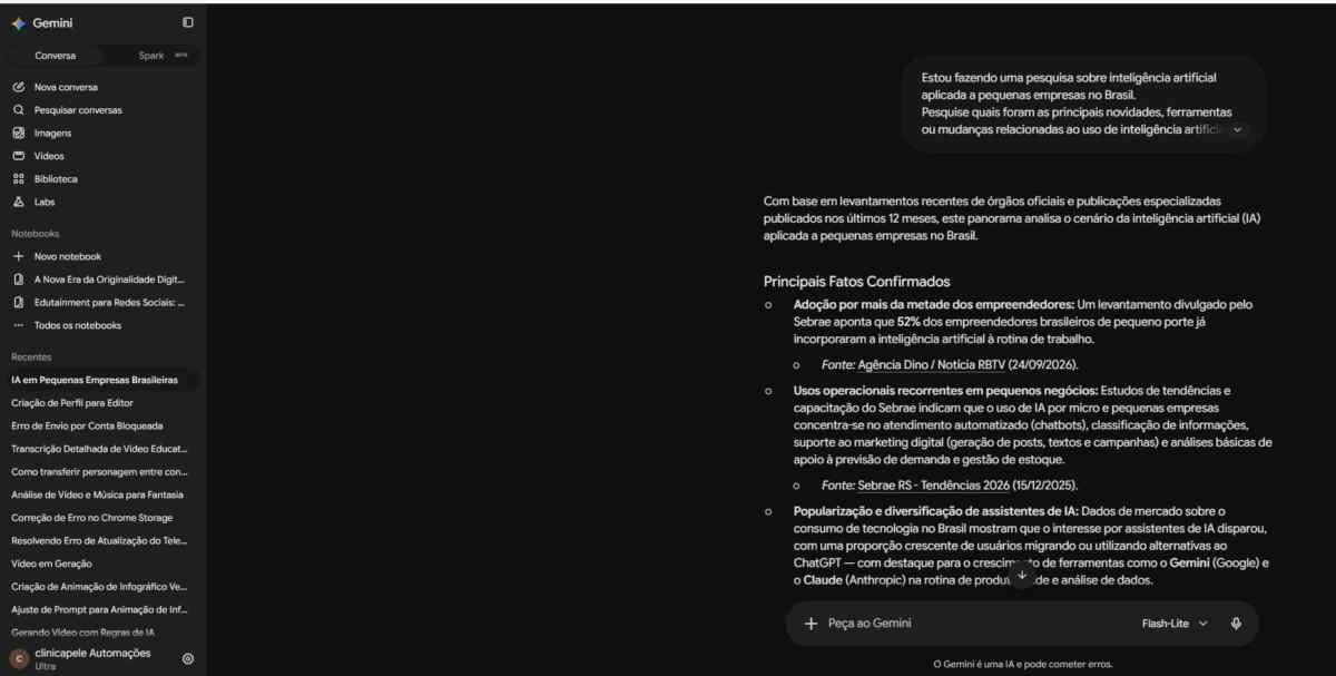Resposta do Gemini ao mesmo prompt utilizado no teste de pesquisa com as três IAs. Resposta do Gemini ao mesmo prompt utilizado no teste de pesquisa com as três IAs.