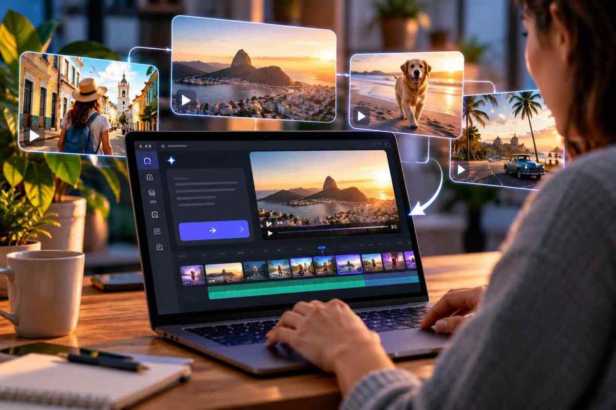 Pessoa criando e editando vídeos com inteligência artificial no notebook usando cenas geradas por IA