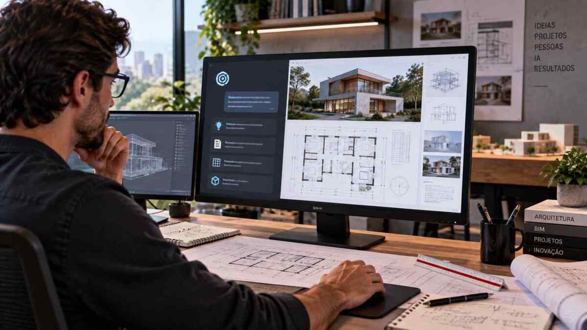 Arquiteto analisando planta baixa e modelo BIM com auxílio de inteligência artificial no computador