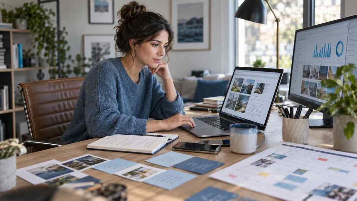 Profissional usando inteligência artificial para organizar pesquisa, conteúdo e trabalho em diferentes etapas