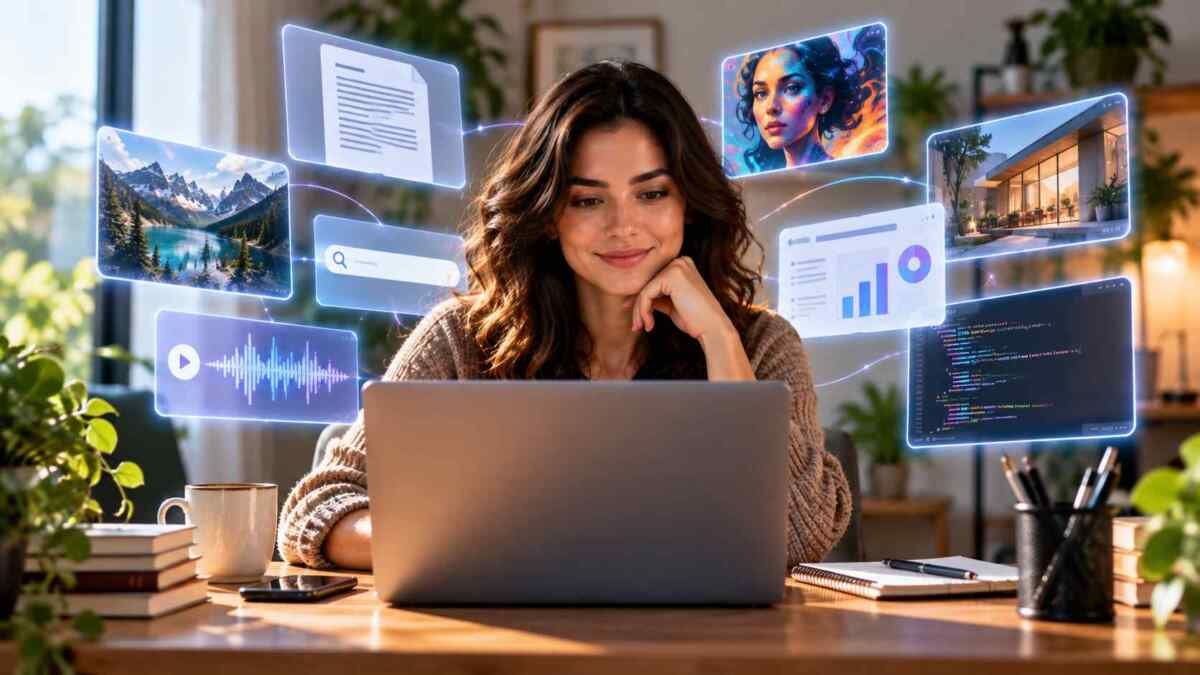 Pessoa utilizando diferentes ferramentas gratuitas de inteligência artificial para texto, imagem, pesquisa, áudio e produtividade