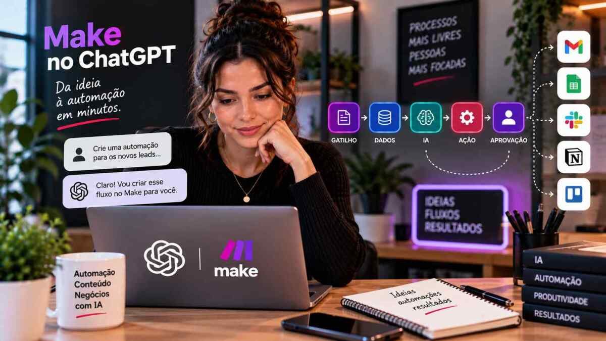 Profissional descrevendo uma automação no ChatGPT enquanto um fluxo do Make conecta aplicativos e executa tarefas