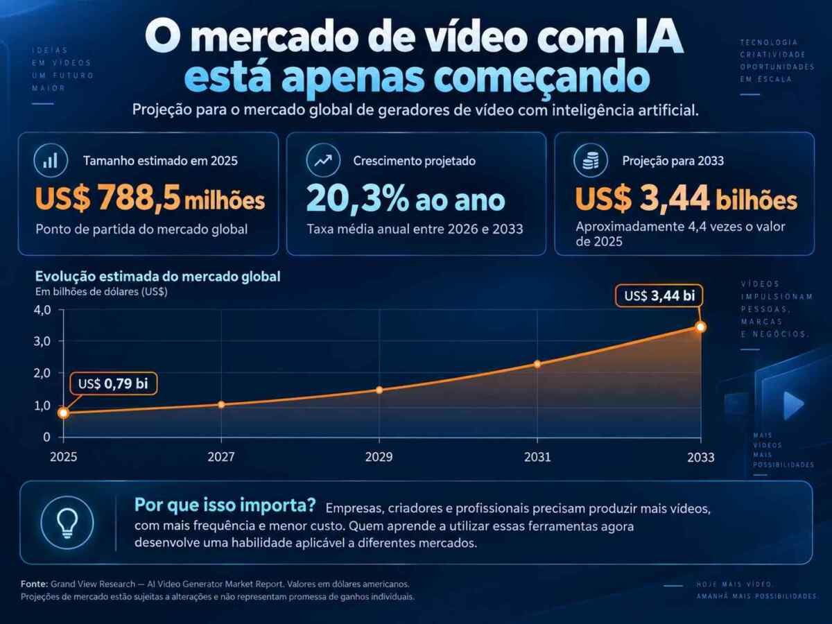 Infográfico sobre o crescimento do mercado global de geradores de vídeo com IA, de US$ 788,5 milhões em 2025 para US$ 3,44 bilhões em 2033, com crescimento anual projetado de 20,3%.