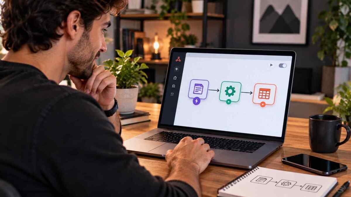 Pessoa montando sua primeira automação visual com formulário, transformação de dados e armazenamento