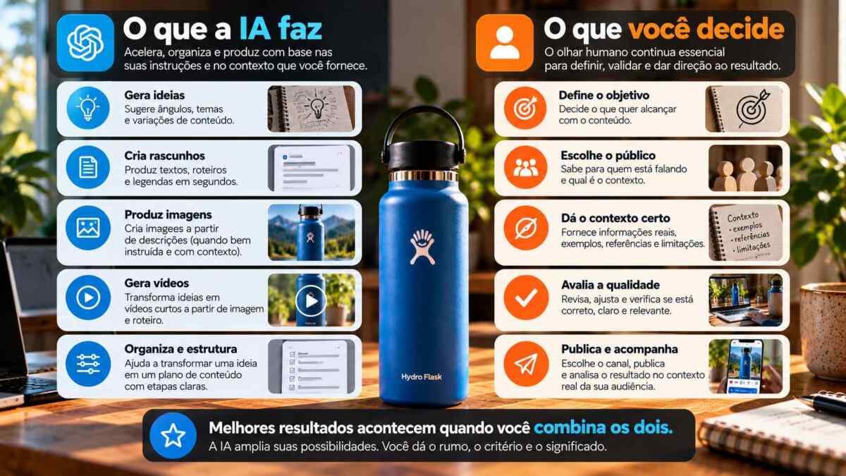 A IA pode acelerar ideias, rascunhos e produção. Objetivo, contexto, avaliação, verificação e decisão de publicar continuam exigindo direção humana. Comparação entre tarefas realizadas pela IA e decisões que continuam humanas
