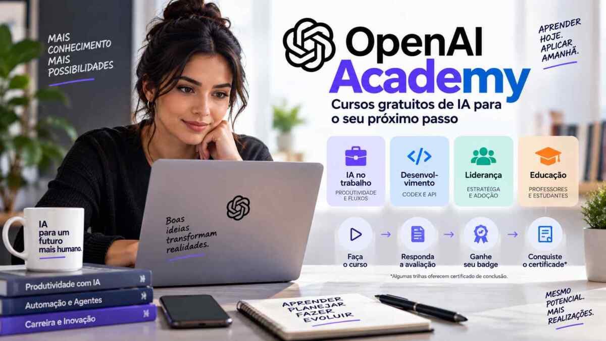 Profissional estudando cursos gratuitos de inteligência artificial na OpenAI Academy com trilhas para trabalho, desenvolvimento, liderança e educação
