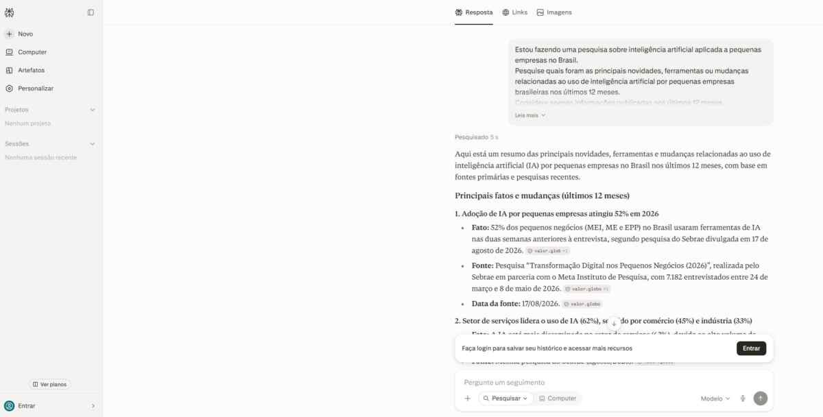 O Perplexity organizou a pesquisa em achados acompanhados de referências.