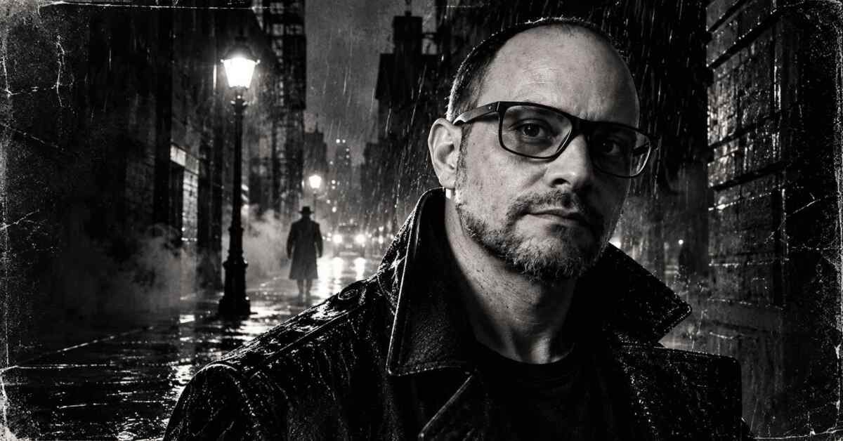 Transforme sua foto em um pôster noir preto e branco com chuva, alto contraste e atmosfera cinematográfica usando este prompt de IA.