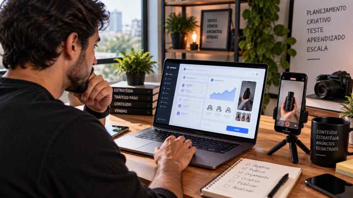 Empreendedor planejando sua primeira campanha de anúncios para TikTok em um notebook
