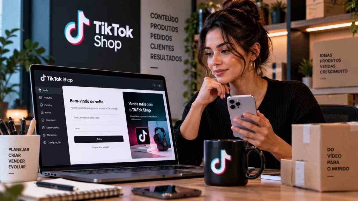 Vendedor acessando a Central do Vendedor TikTok Shop pelo notebook e celular