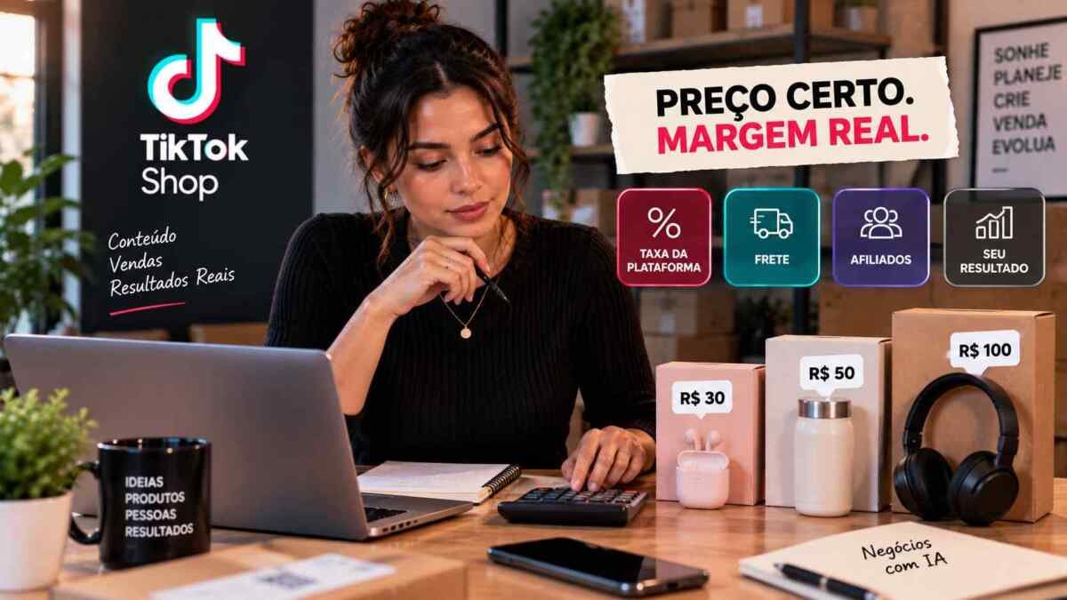 Vendedor calculando taxas e comissão do TikTok Shop antes de definir o preço de um produto