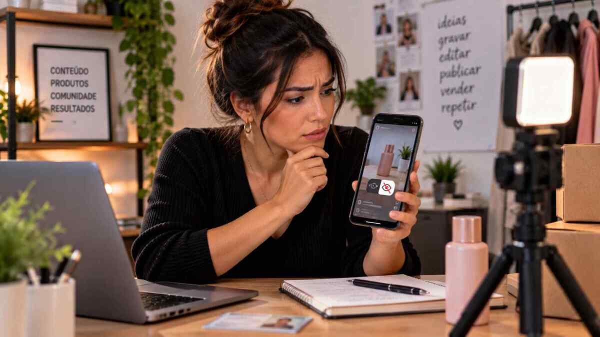 Criadora conferindo a verificação da conta enquanto um vídeo de produto aparece no celular