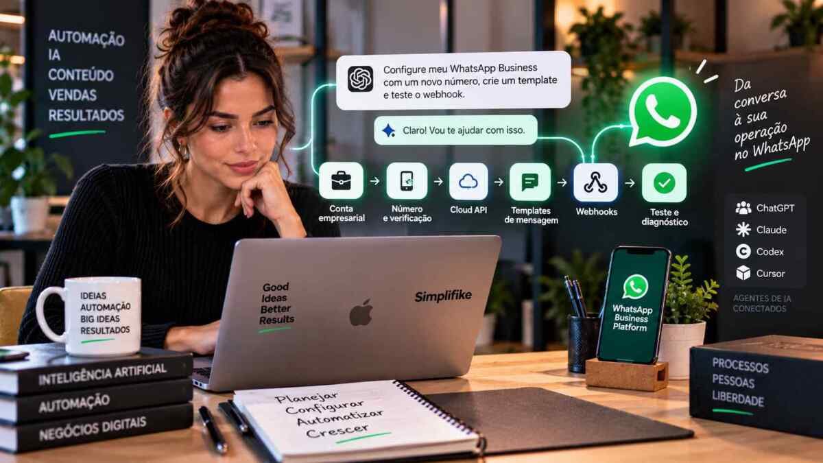 Profissional usando um agente de IA para configurar número, templates e integrações da WhatsApp Business Platform