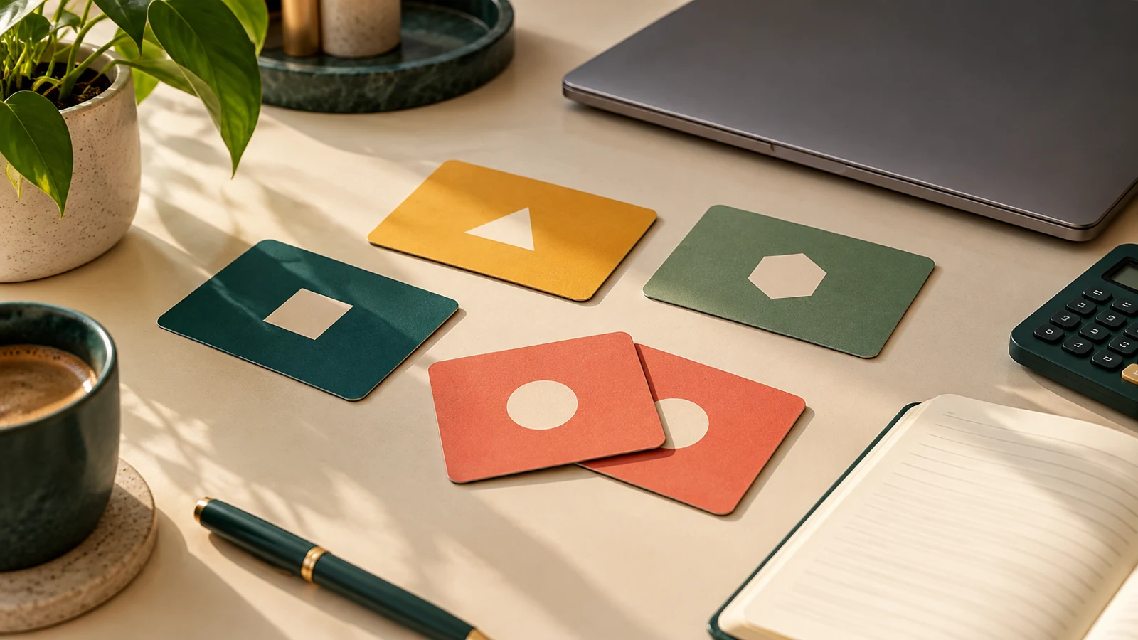 Cartões coloridos com símbolos geométricos, dois sobrepostos, ao lado de notebook fechado, calculadora e caderno.