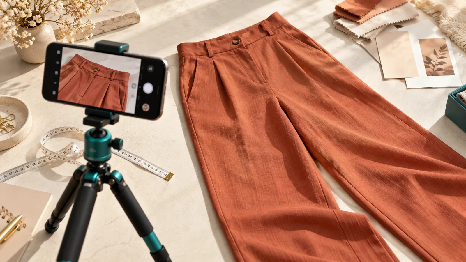 Calça terracota estendida sobre superfície clara, com celular em tripé e fita métrica ao lado.