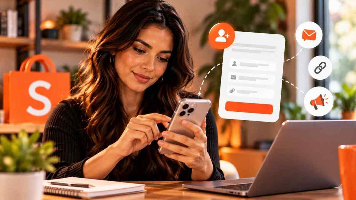 Mulher realizando um cadastro pelo celular em um escritório doméstico, ilustrando como começar como afiliado da Shopee.
