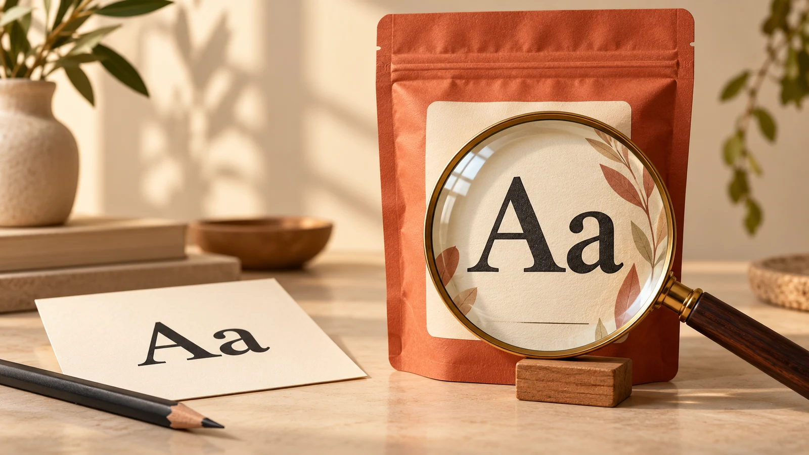 Lupa sobre as letras Aa no rótulo de uma embalagem terracota, ao lado de cartão e lápis.