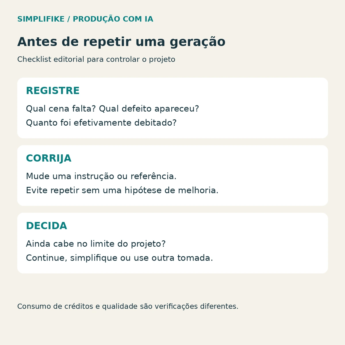 Checklist antes de repetir uma geração: registrar o problema, corrigir a instrução e decidir dentro do limite do projeto.