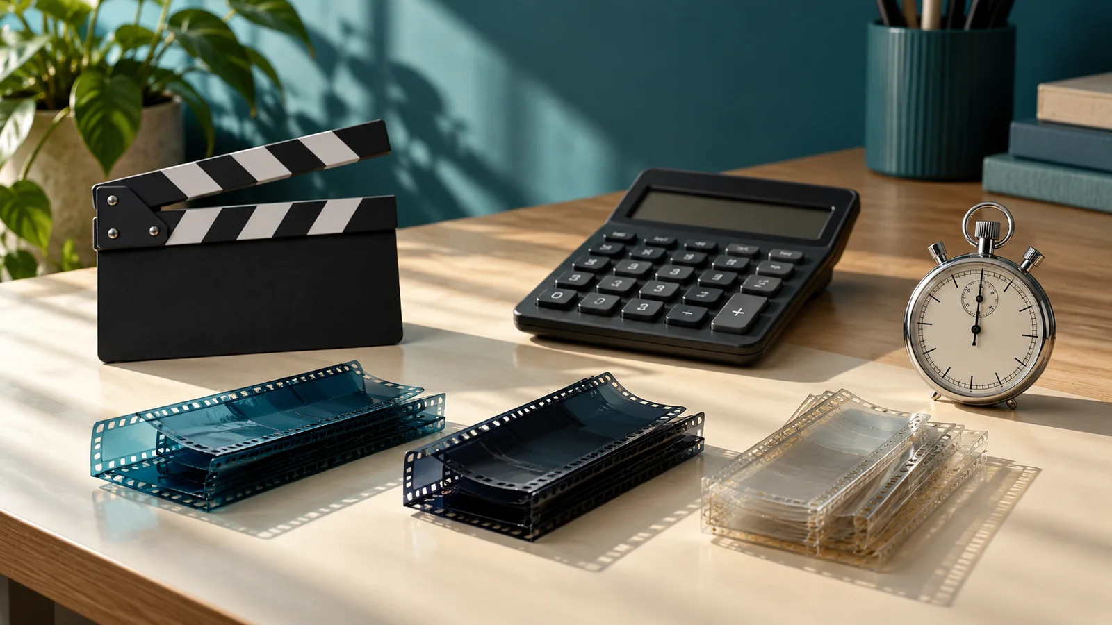Claquete, calculadora e cronômetro ao lado de tiras de película sobre uma mesa.