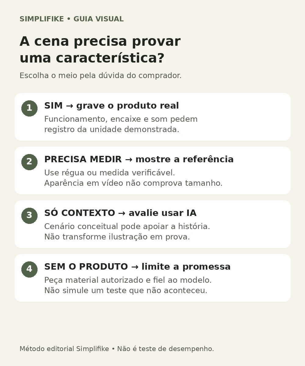 Guia com quatro critérios para escolher gravação real, medida verificável, ilustração com IA ou material autorizado.