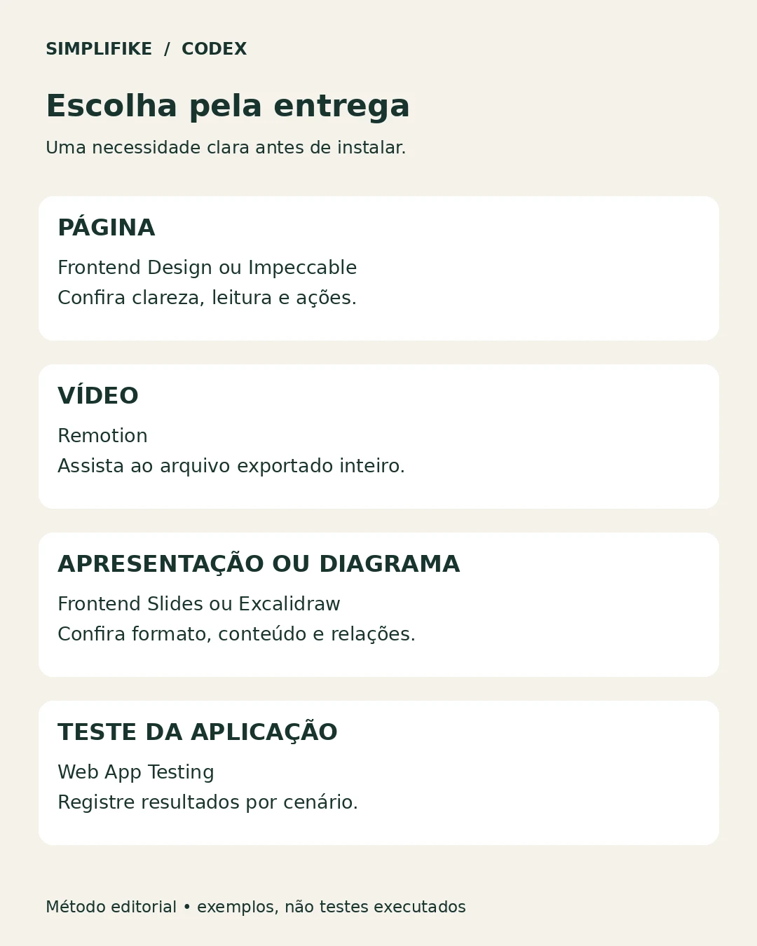 Escolha uma skill conforme a entrega Quadro de recursos para páginas, vídeos, apresentações e testes, com critérios para conferir cada entrega.