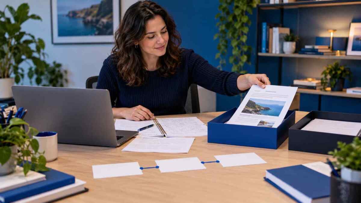 Editora organiza um rascunho de artigo em uma mesa de trabalho antes da publicação