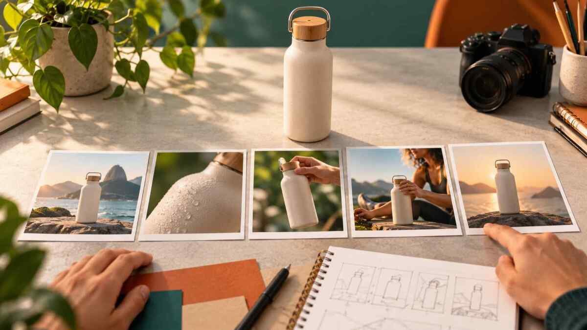 Storyboard com cinco cenas de vídeo de produto mostrando a mesma garrafa em enquadramentos diferentes