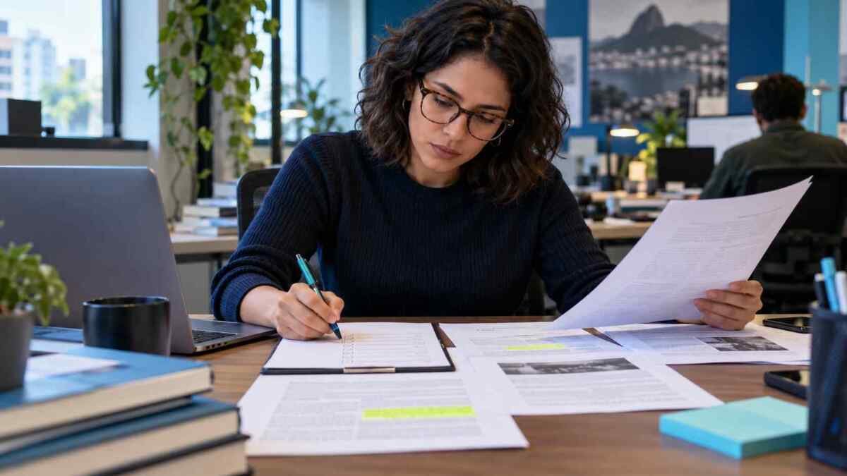 Editora compara um rascunho com documentos de referência e marca uma lista de verificação