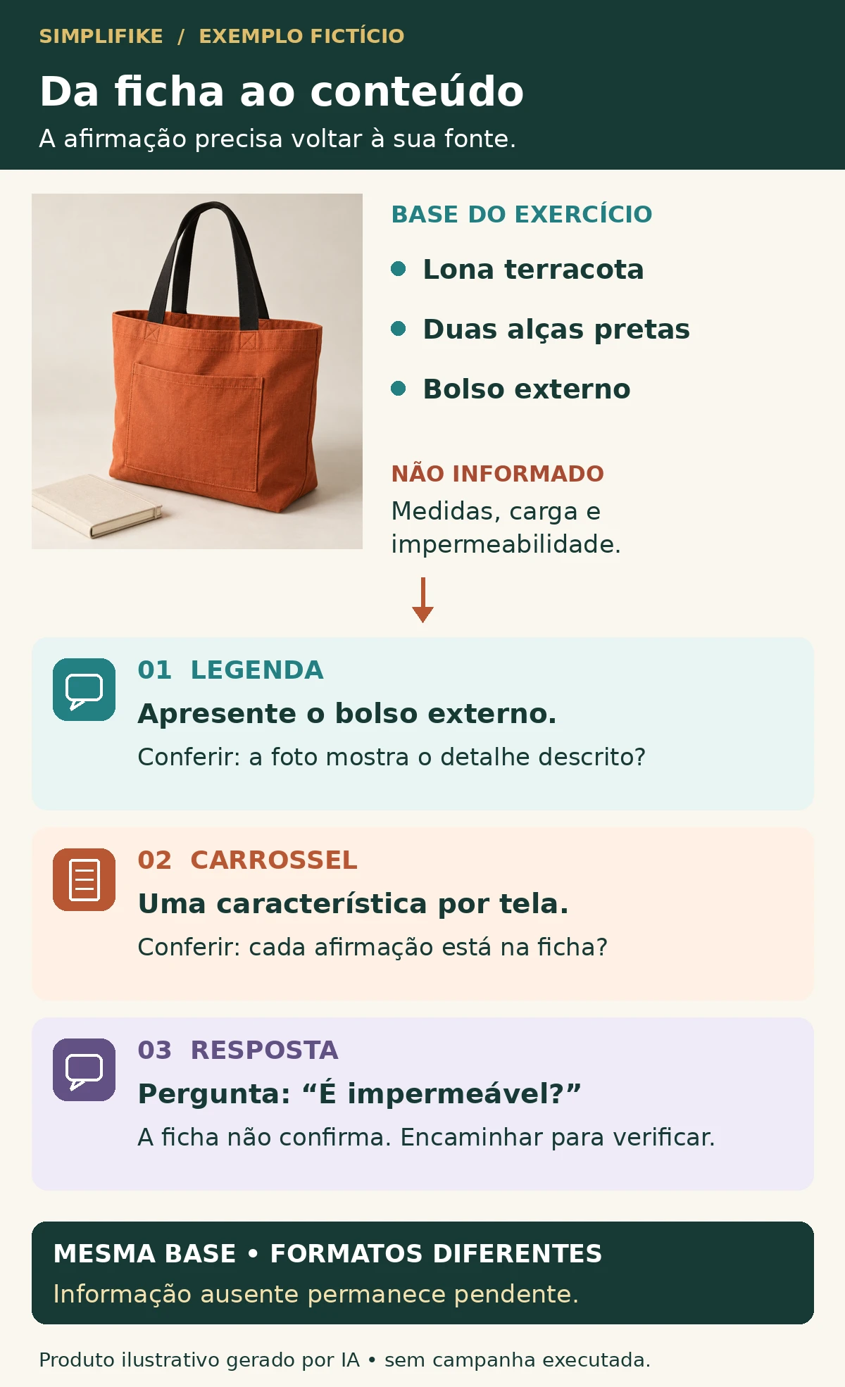 Da ficha do produto ao conteúdo para redes sociais Bolsa terracota fictícia com características confirmadas e ausentes, e três propostas de conteúdo.