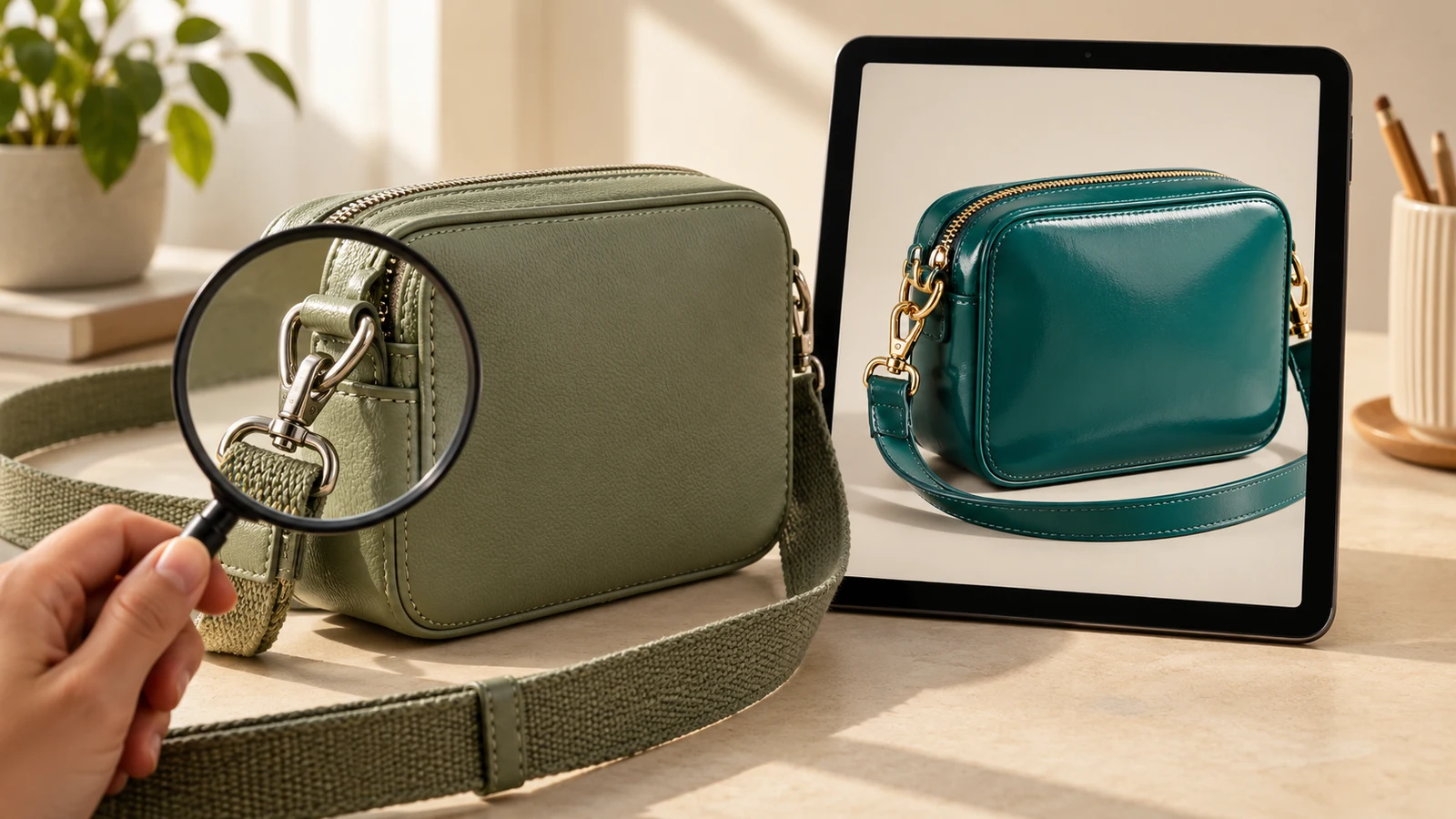 Bolsa verde com ferragens prateadas ao lado de um tablet que mostra uma versão azul-esverdeada com ferragens douradas.