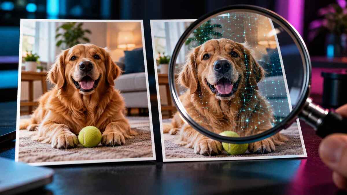 Ilustração conceitual de duas imagens semelhantes sendo analisadas para identificar uma marca digital invisível de inteligência artificial.