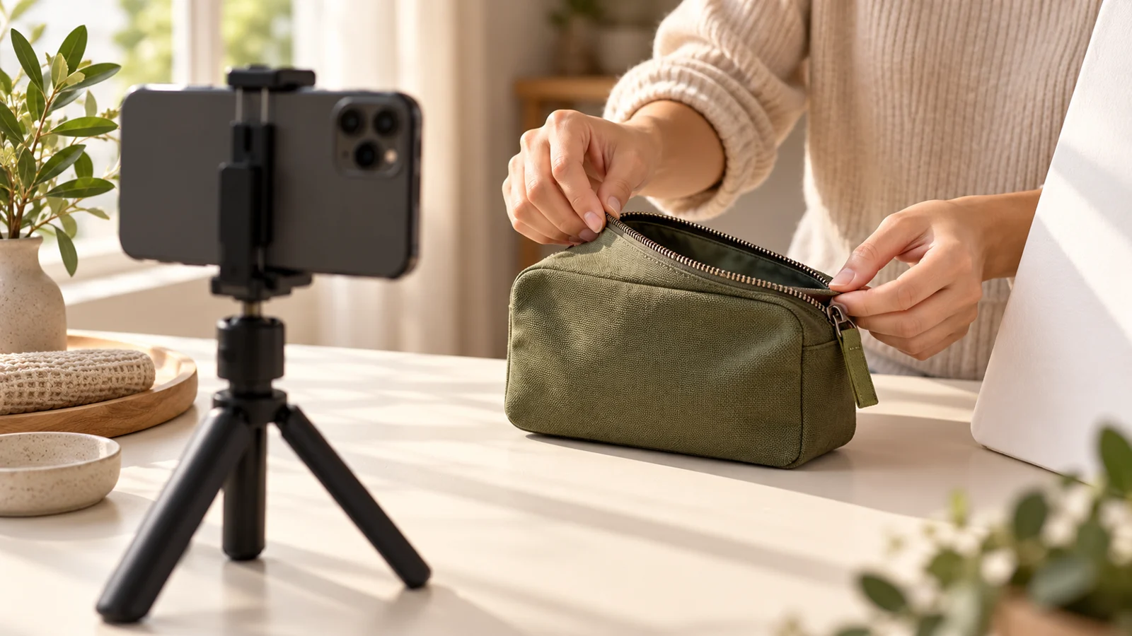 Celular em tripé diante de uma pessoa abrindo uma nécessaire verde sobre a mesa.