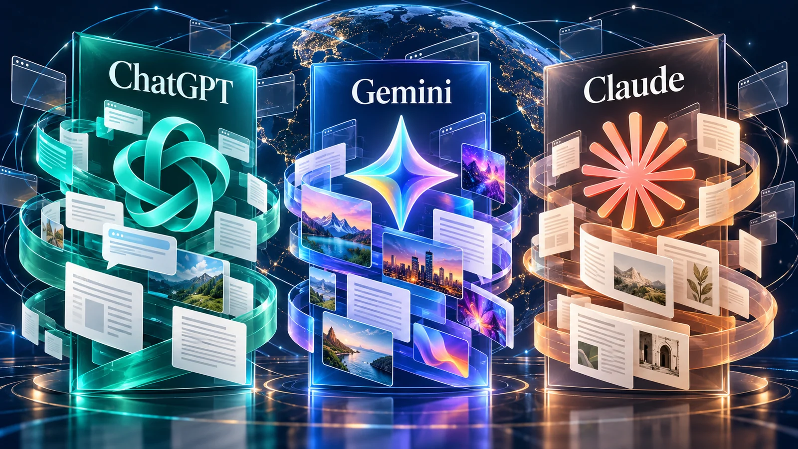 Ilustração de três painéis com ChatGPT, Gemini e Claude diante de um globo conectado, cercados por documentos e conversas.