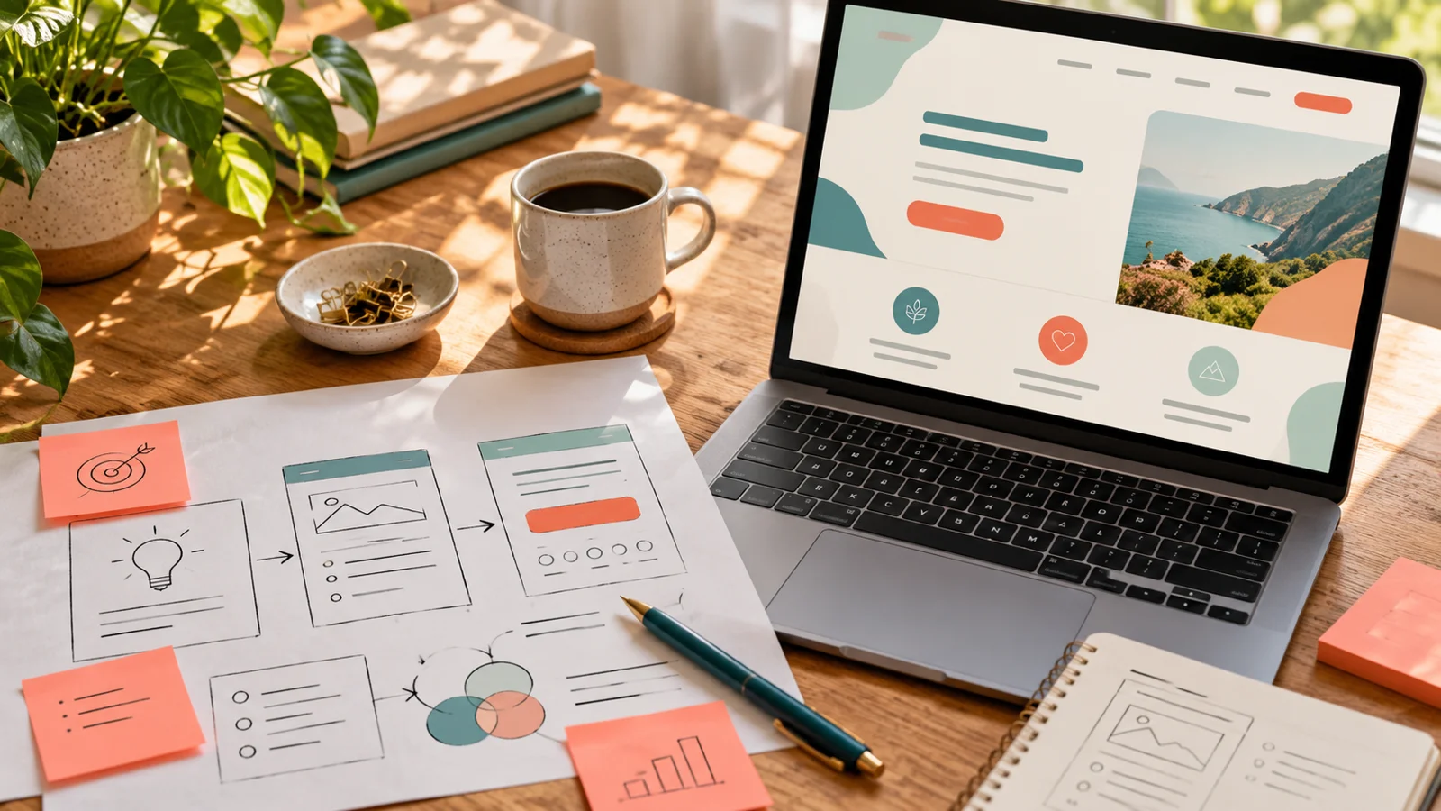 Notebook com layout conceitual de página e esboços impressos sobre uma mesa iluminada.