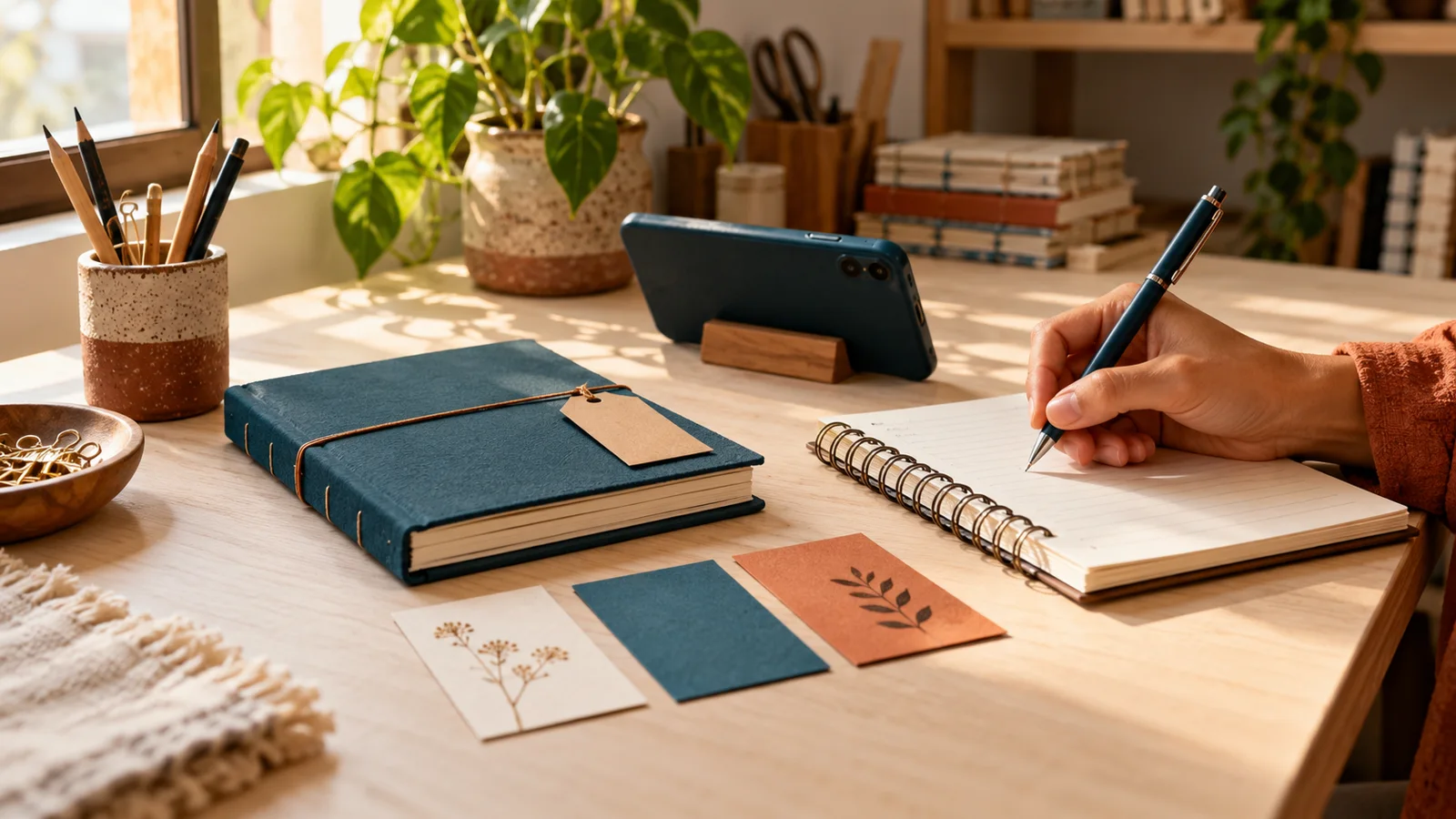 Mão com caneta sobre bloco em mesa de ateliê, ao lado de caderno azul e celular com a tela voltada para trás.