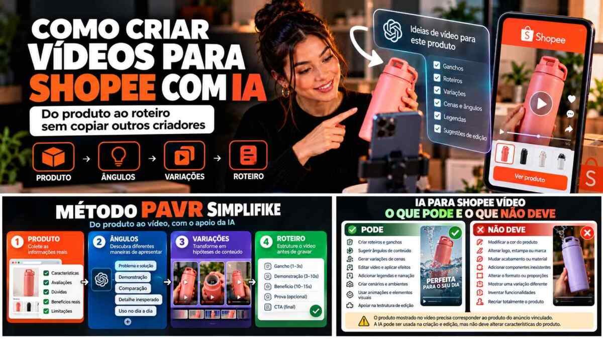 Método PAVR Simplifike para criar Shopee Vídeo com IA: Produto, Ângulos, Variações e Roteiro