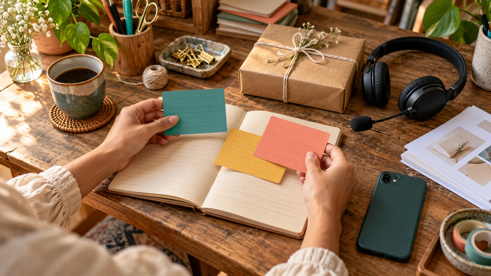 Mãos organizam cartões sobre um caderno, ao lado de headset, celular e pacote em uma mesa.