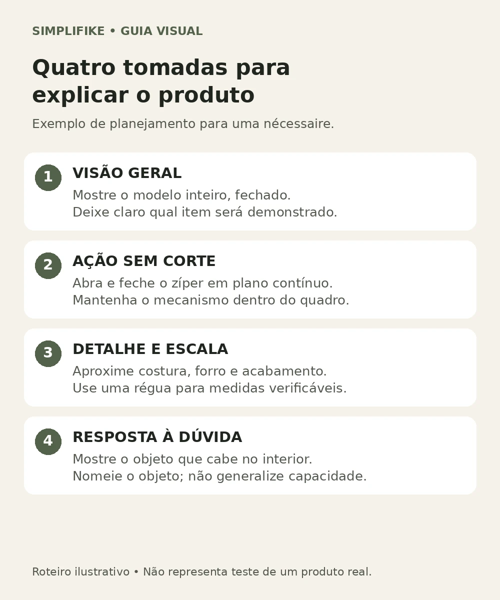 Roteiro visual com visão geral, ação sem corte, detalhe e escala e resposta à dúvida.