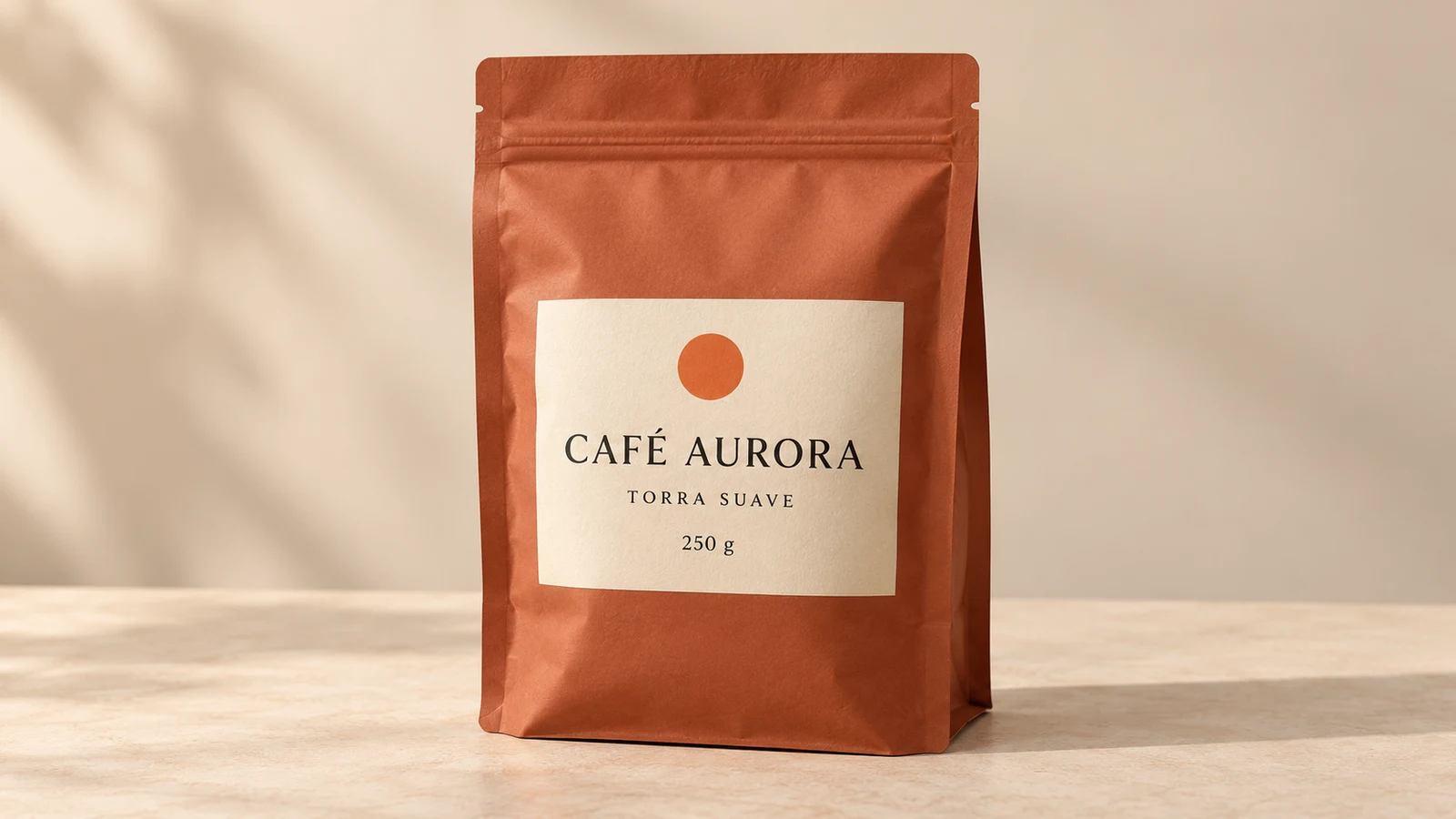 Mockup fictício de pacote terracota com rótulo Café Aurora, Torra Suave, 250 g.
